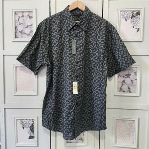 Van Heusen Studio Mens Large Ebony Grey Leaf Print Textured Cotton Shirt 3102